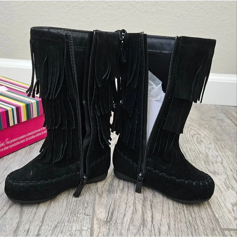 Link Candice 16KA Black Faux Suede Fringe Mid Calf Boots Size 5T